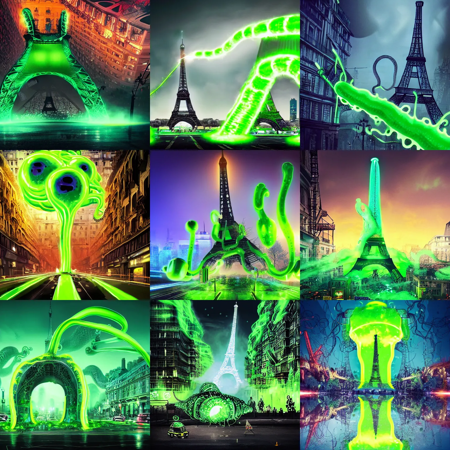 Prompt: giant larva with tentacles attacks and destroys and blows up the eiffel tower in glowing green luminous slime, dark foggy streets with neon signs, running and screaming people, futuristic, dramatic, ultra - realistic, landscape, perspective, hight detailed, no blur, 8 k