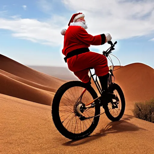 Image similar to Santa claus riding a mountain bike, madmax, desert, hills