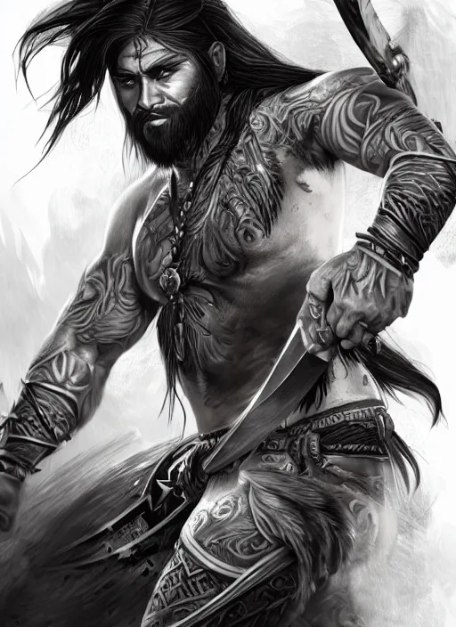 Prompt: a highly detailed illustration of serious long haired tattooed asian tribal warrior man with machete blade, heroic wielding blade pose, muscular, intricate, elegant, highly detailed, centered, digital painting, artstation, concept art, smooth, sharp focus, league of legends concept art, wlop.