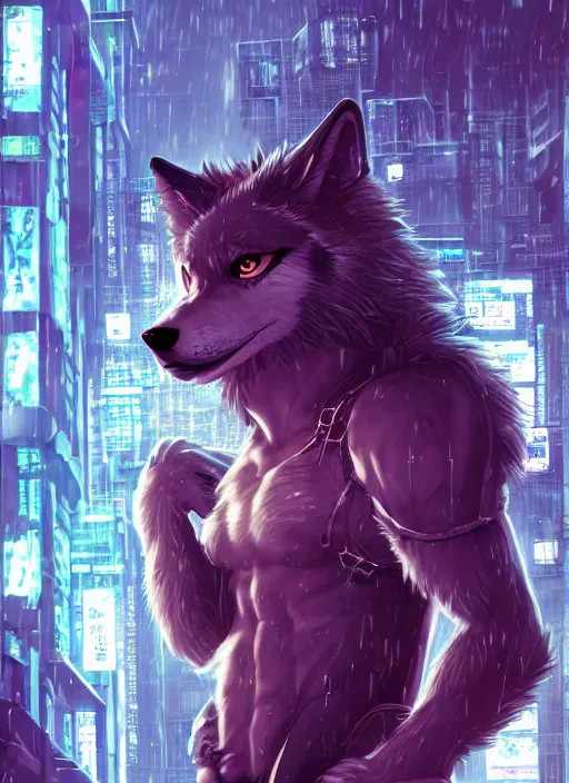 Image similar to character portrait of a male muscular anthro wolf fursona with a tail and a cute beautiful attractive detailed furry face wearing stylish cyberpunk clothes in a cyberpunk city at night while it rains. hidari, color page, tankoban, 4K, tone mapping, Akihiko Yoshida. Nomax, Kenket, Rukis, Falvie.