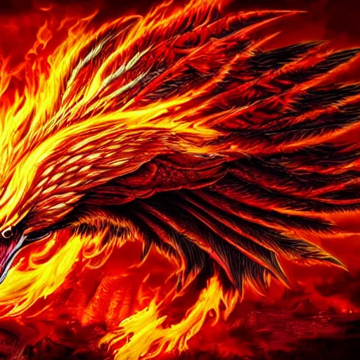 Prompt: hyperdetailed image of a phoenix with its full body flaming and wings spread 8 k extremely detailed hd hyperrealism fiery extremely accurate unbelievably creepy movie studio style