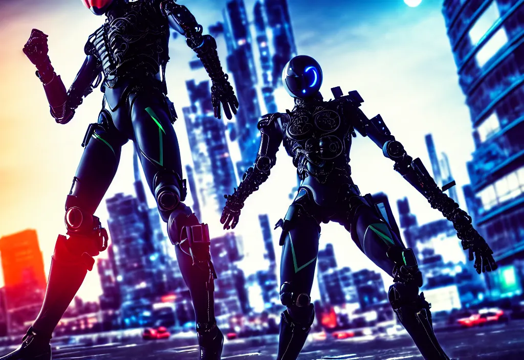 Image similar to kamen rider action pose, with cyberlook belt, human structure concept art, human anatomy, full body hero, intricate detail, hyperrealistic art and illustration by maxx soul and irakli nadar, global illumination, blurry and sharp focus, on tokyo cyberpunk night rooftop, frostbite engine