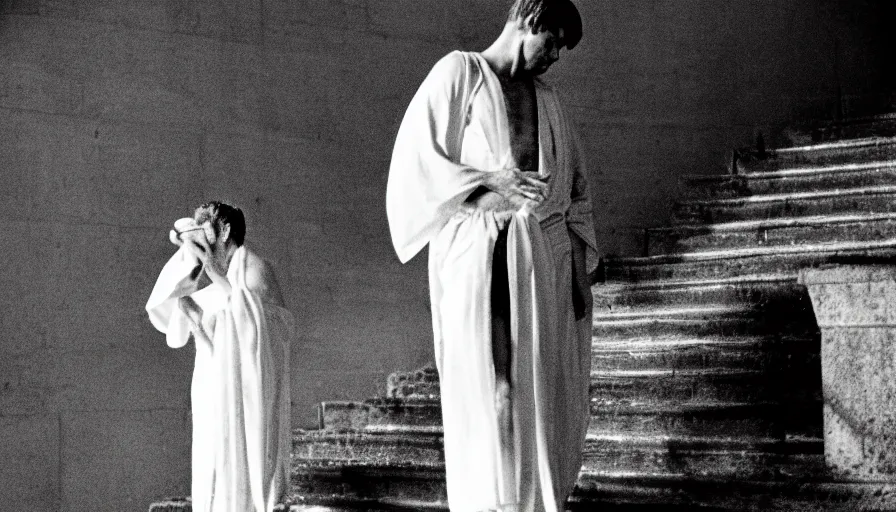 Image similar to 1 9 6 0 s movie still close - up of caligula in a white toga bleeding to death on stairs, cinestill 8 0 0 t 3 5 mm, high quality, heavy grain, high detail, dramatic light, anamorphic