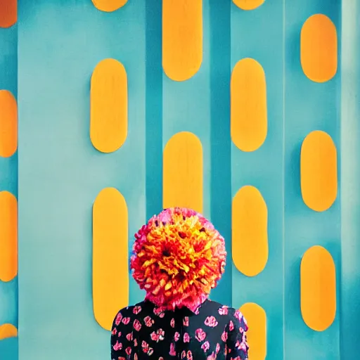 Image similar to giant flower head, frontal, girl standing in mid century hotel, surreal, symmetry, bright colors, cinematic, wes anderson