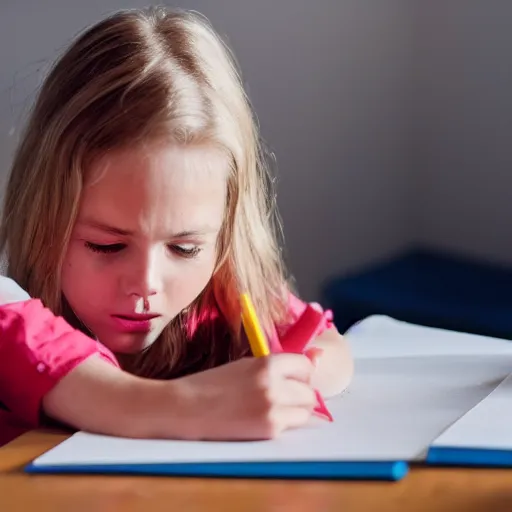 Prompt: blonde 7yo girl in light-blue shirt sobbing and drawing with red crayon, photo