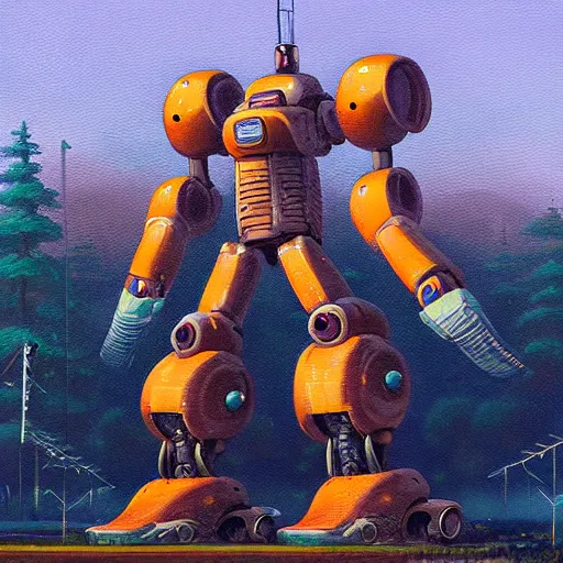 Image similar to an intricate oil painting of a giant anime robot with rounded and circular parts by simon stalenhag
