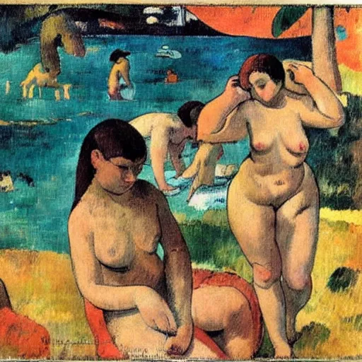 Image similar to Young ladies bathing close to Naples Vesuvio as Paul Gauguin style