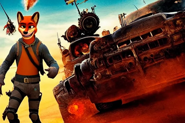 Image similar to nick wilde, heavily armed and armored facing down armageddon in a dark and gritty reboot from the makers of mad max : fury road : witness me