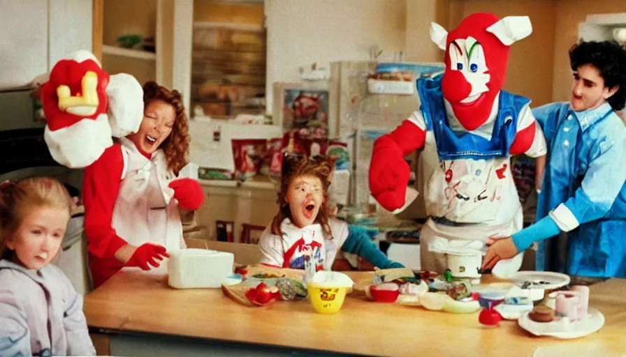 Image similar to 1 9 9 0 s candid 3 5 mm photo of a beautiful day in the family kitchen, cinematic lighting, cinematic look, golden hour, an absurd costumed mascot from the jimbles the super pony showing the kids how to build time machine, the kids are hungry but jimbles is showing them how to make a time machine to time travel, uhd