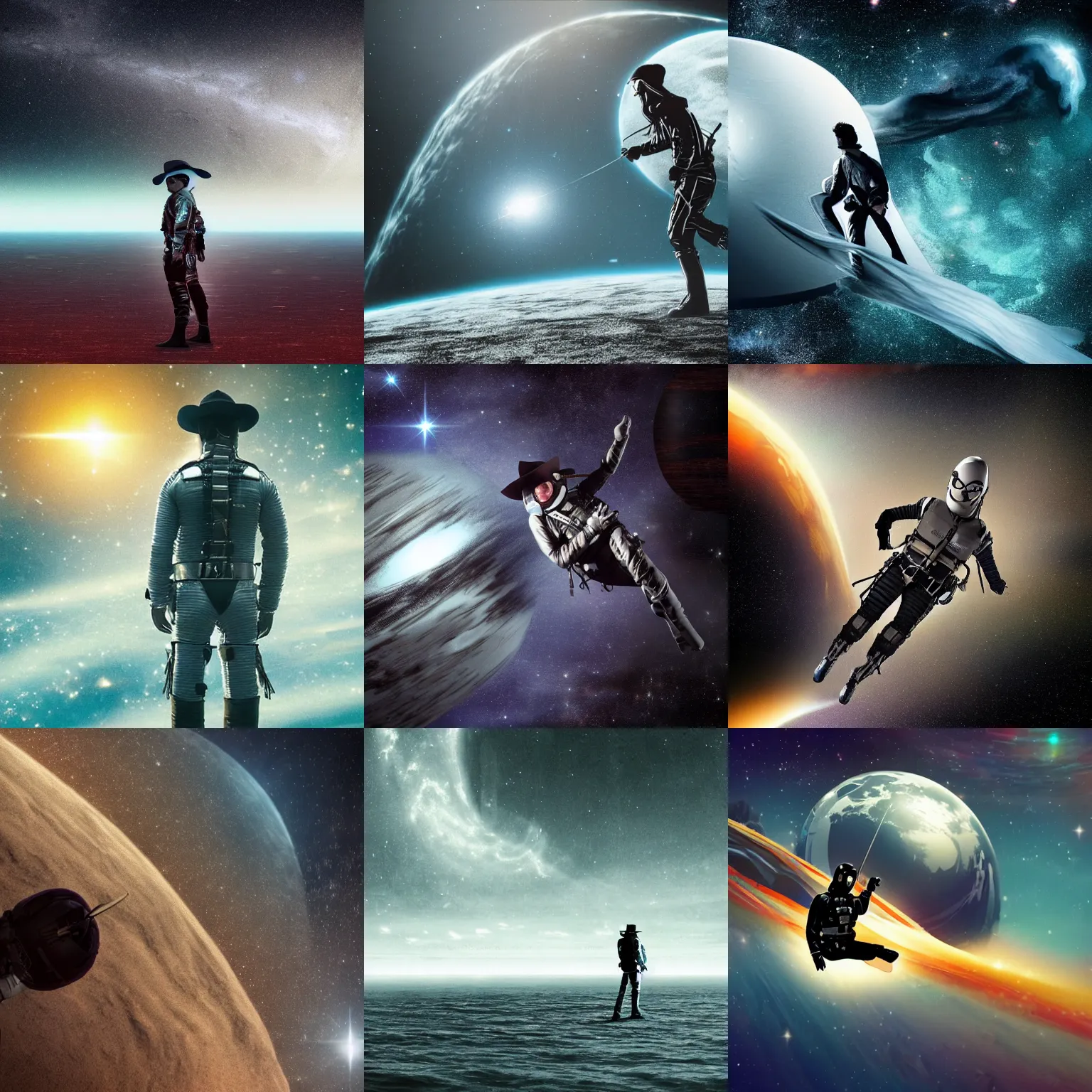 Prompt: a lone ranger floating in interstellar space