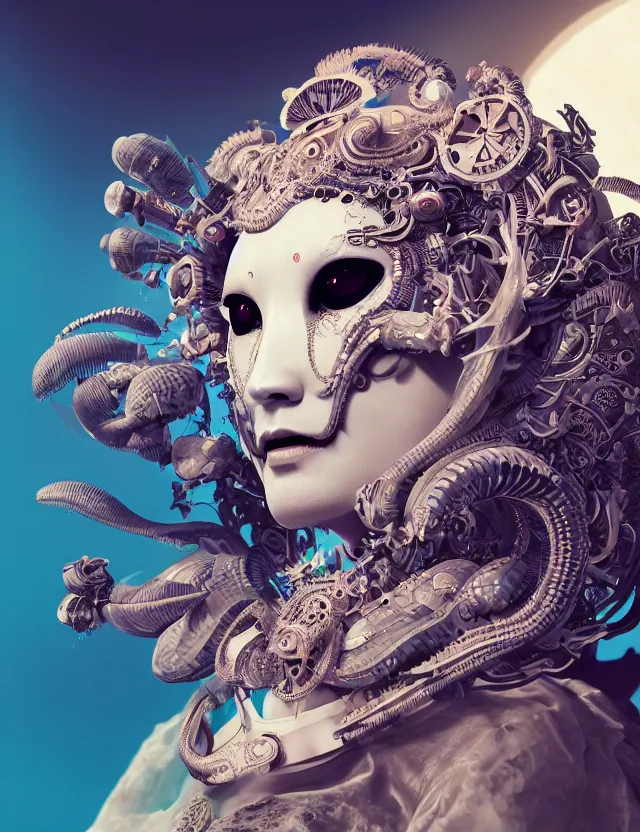 Image similar to 3 d goddess cyborg close - up profile portrait with ram skull. beautiful intricately detailed japanese crow kitsune mask and clasical japanese kimono. betta fish, jellyfish phoenix, bio luminescent, plasma, ice, water, wind, creature, artwork by tooth wu and wlop and beeple and greg rutkowski