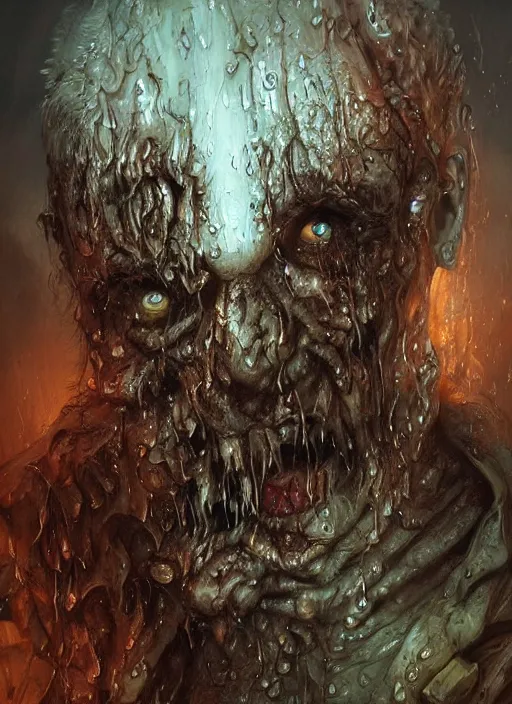 Prompt: digital painting of a wet zombie in the rain by filipe pagliuso and justin gerard, fantasy, highly detailed, realistic, intricate, glowing eyes