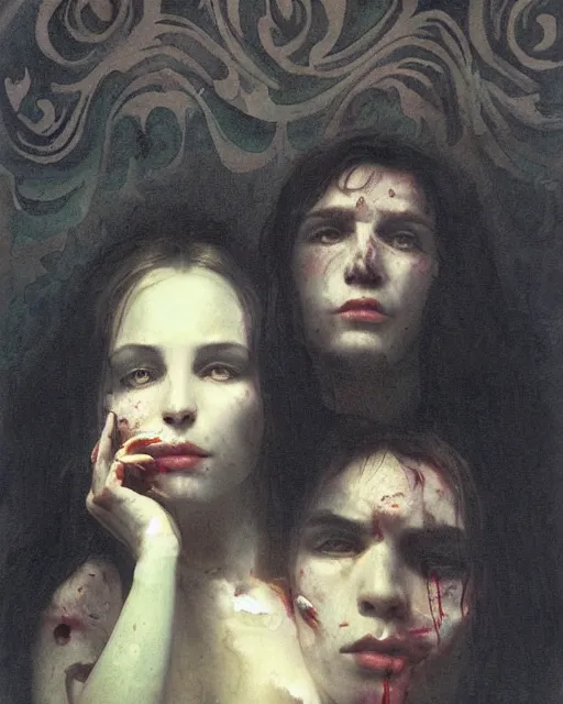 Prompt: a beautiful and eerie baroque painting of a brother and sister who are beautiful but creepy, in dead space, with haunted eyes and dark hair, 1 9 7 0 s, seventies, floral wallpaper, a little blood, morning light showing injuries, delicate embellishments, painterly, offset printing technique, by brom, robert henri, walter popp