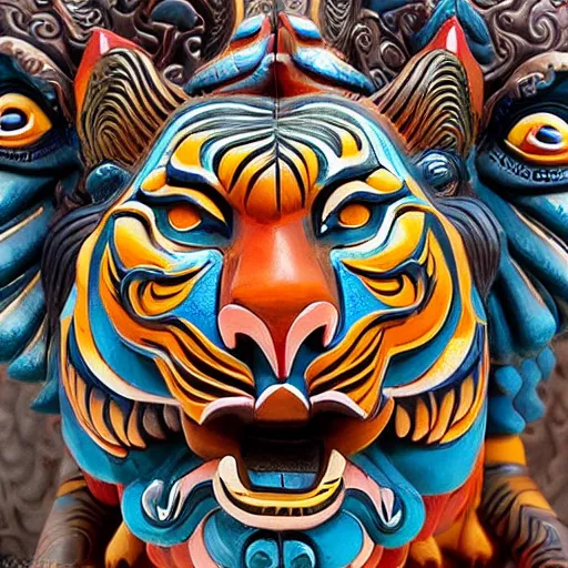 Image similar to breathtakingly cool beautiful stylised balinese carving ornate coloured sculpture tiger, extreme closeup, 8 k artstation