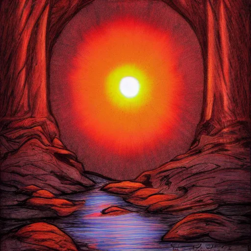 Image similar to a river runs here, a fiery river, from east to west, from west to north. over that river the fiery river drives the light. light transports souls. esoteric art, 2 k, 4 k, pen and pencil