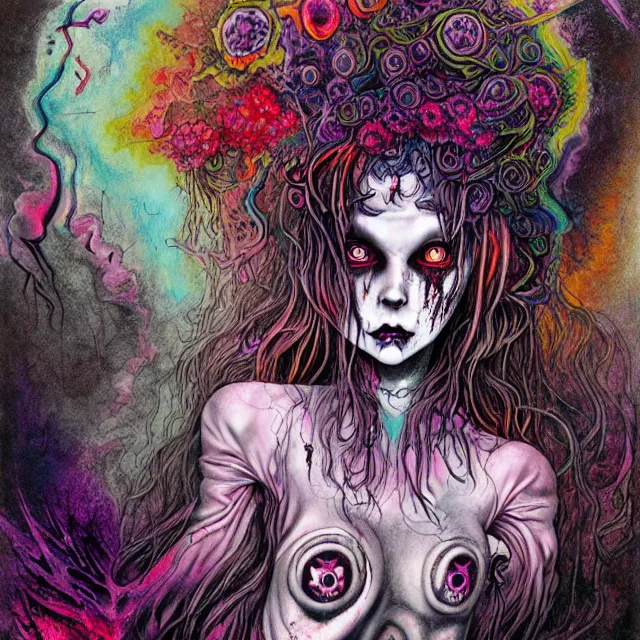 Prompt: fine detail, colorful black ink & copic markers, vibrant muted colors, disturbing grunge still of a [ lovecraftian demon infested ] [ living dead doll ], [ mystic, shamanic and psychedelic lsd trippy dreamy art ], by arthur adams, by tom bagshaw, by henry asencio, by kikuchi hideyuki