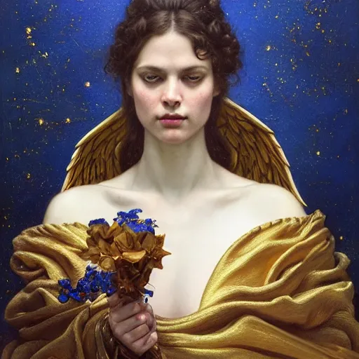 Prompt: highly detailed oil painting | very intricate | cinematic lighting | award - winning | the beautiful angel jupiter wearing a lapis lazuli toga | by roberto ferri, by tom bagshaw, by j. c. leyendecker and klimt, beautiful cinematic light, american romanticism, by austin osman spare, artstation, cgsociety, official art, octane