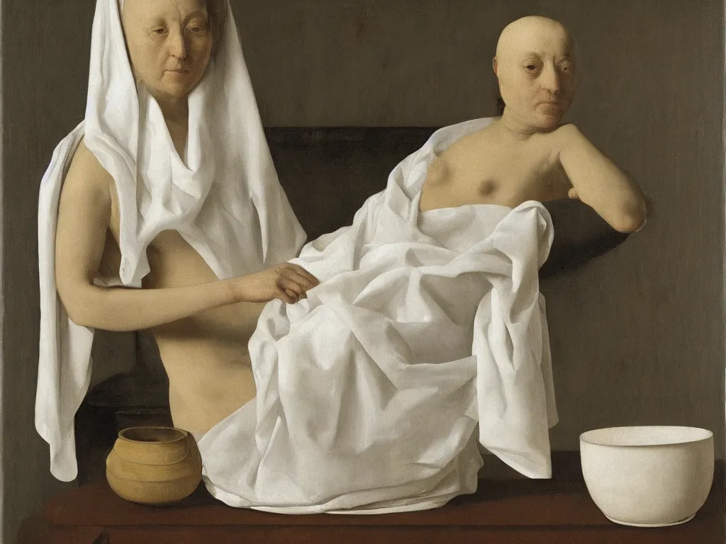 Prompt: Portrait of a woman in the bathtub with amphora, white cloth and crane. Still life. White Opal, marble teracotta. Painting by Zurbaran, Hammershoi, Morandi
