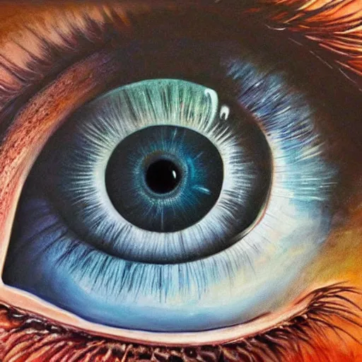 Image similar to a highly detailed photorealistic painting of a human eye reflecting outer space