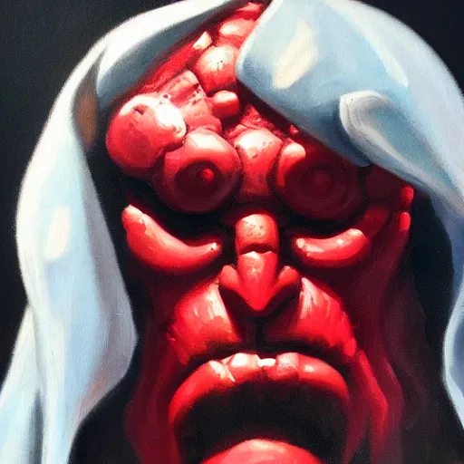 Image similar to hellboy portrait. oil painting. 3 / 4 view. closeup. based on the great masters. baroque.