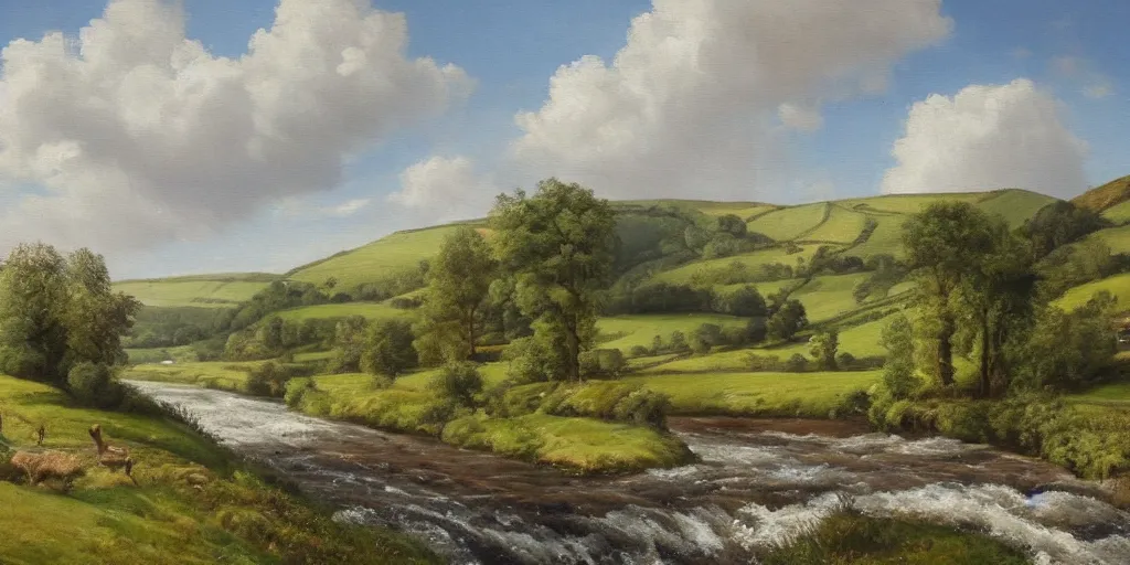 Prompt: a beautiful landscape painting of a yorkshire countryside valley with a river, oil on canvas, highly detailed, hd, 4 k