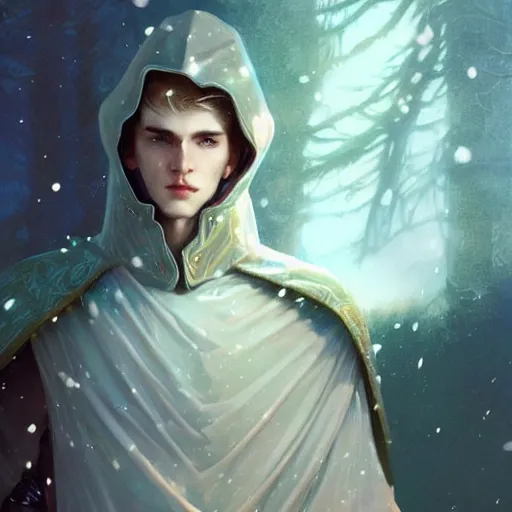 Image similar to handsome pointy - eared male snow elf in a turquoise cape and silver ornate armour, albino skin, androgynous face, mid - shot, moonlight snowing, ethereal opalescent mist, winter vibes, perfect face, elegant, very coherent symmetrical artwork, by greg rutkowski, alphonse mucha, charlie bowater, trending on artstation