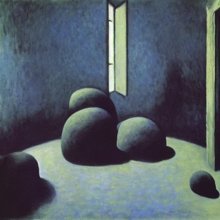 Image similar to the giant boulder, dark obsidian rock of ages filling up the interior of home. high contrast, psichedelic colors. painting by monet, hammershoi, agnes pelton, mark rothko