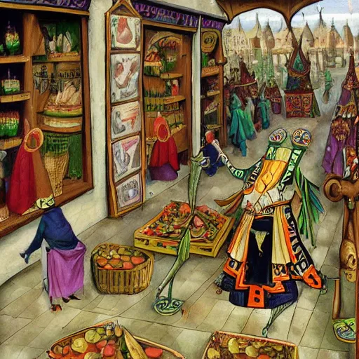 Prompt: Painting of human-sized Mantis religiosa shopping on a medival city market; fantasy; D&D; magic