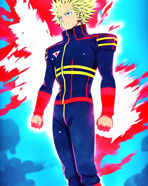 Image similar to ilya kuvshinov anime illustration of all might my hero academia underwater wearing yeezy streetwear, last exile, murata range, fine detail, perfect anime face, dramatic lighting, dynamic composition, art deco, cel shading, vivid, stippled lighting, rich texture, ( ( ( colorful ) ) )