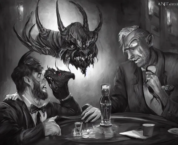 Image similar to a devil monster and a handsome gentleman toasting with whiskey in a pub, black and white and red colors, establishing shot, highly detailed, digital painting, artstation, concept art, smooth, sharp focus, illustration, Unreal Engine 5, 8K, art by artgerm, realistic painting