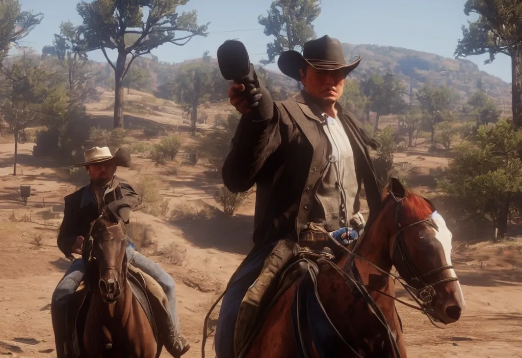 Image similar to elon musk in the red dead redemption 2, elon musk in the video game red dead redemption 2, gameplay screenshot, close up, 3 d rendering. unreal engine. amazing likeness. very detailed.