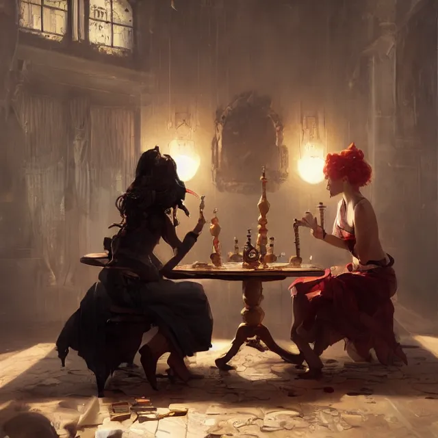 Image similar to a painting of two queens playing games by greg rutkowski, dark fantasy art, high detail, trending on artstation