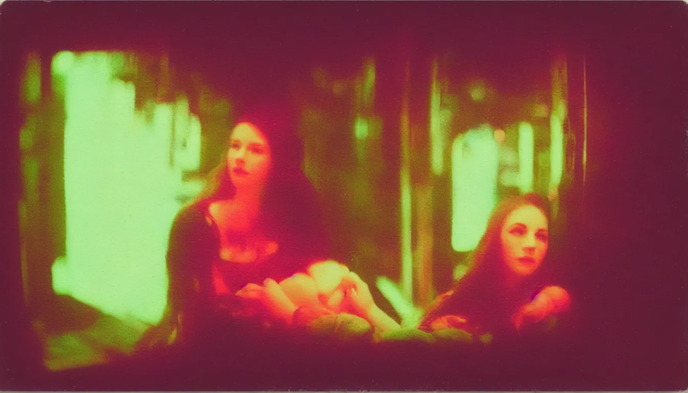 Image similar to colorful instant photograph of lady of shalott in jello in a city at night, polaroid, light leak, raw, nostalgic