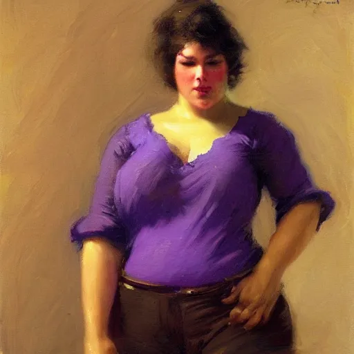 Image similar to a woman in a purple shirt with a fat body type, painting by Gaston Bussiere, Craig Mullins