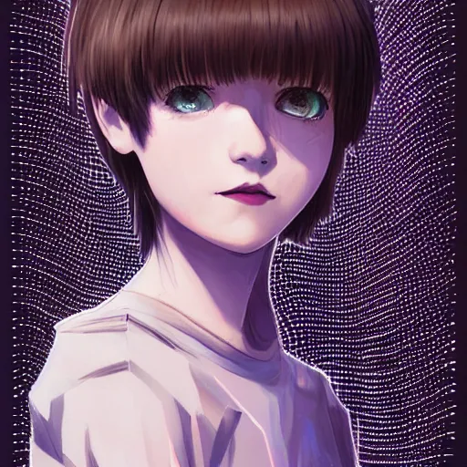 Prompt: beautiful pure evil teenager lain, cute haircut, with hundreds of network cables, neatly coming out of her head, a part of her face panel is showing, she is in pure bliss, chaos, bizarre, strange, portrait, painting, soft and intricate, fine lines, by artgerm,