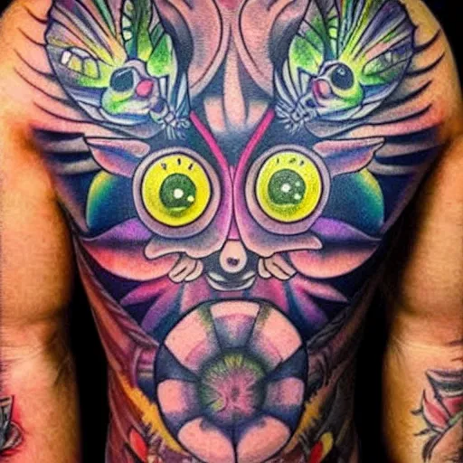 Image similar to shoulder tattoo of a multicolored psychedelic cute bush baby, eyes are colorful spirals, surrounded with colorful magic mushrooms and rainbowcolored marihuana leaves, insanely integrate