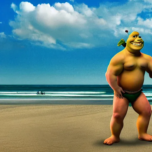 Image similar to shrek as an oily body builder at the beach, 4k, high detail, high-resolution photograph, professional photography, ultra-detail