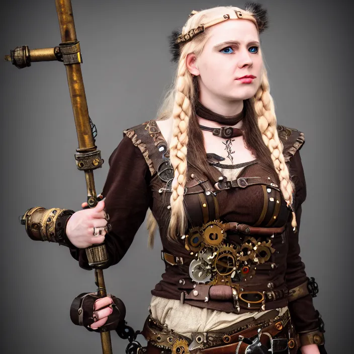 Prompt: full body photograph of a real-life female steampunk viking, Extremely detailed. 8k