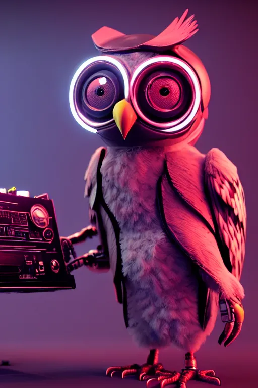 Image similar to high quality 3 d render very cute cyborg owl! with boombox!, cyberpunk highly detailed, unreal engine cinematic smooth, in the style of blade runner & detective pikachu, hannah yata charlie immer, moody light, low angle, uhd 8 k, sharp focus