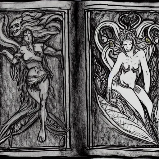 Prompt: a mythological sketch of a siren in a detailed survival journal