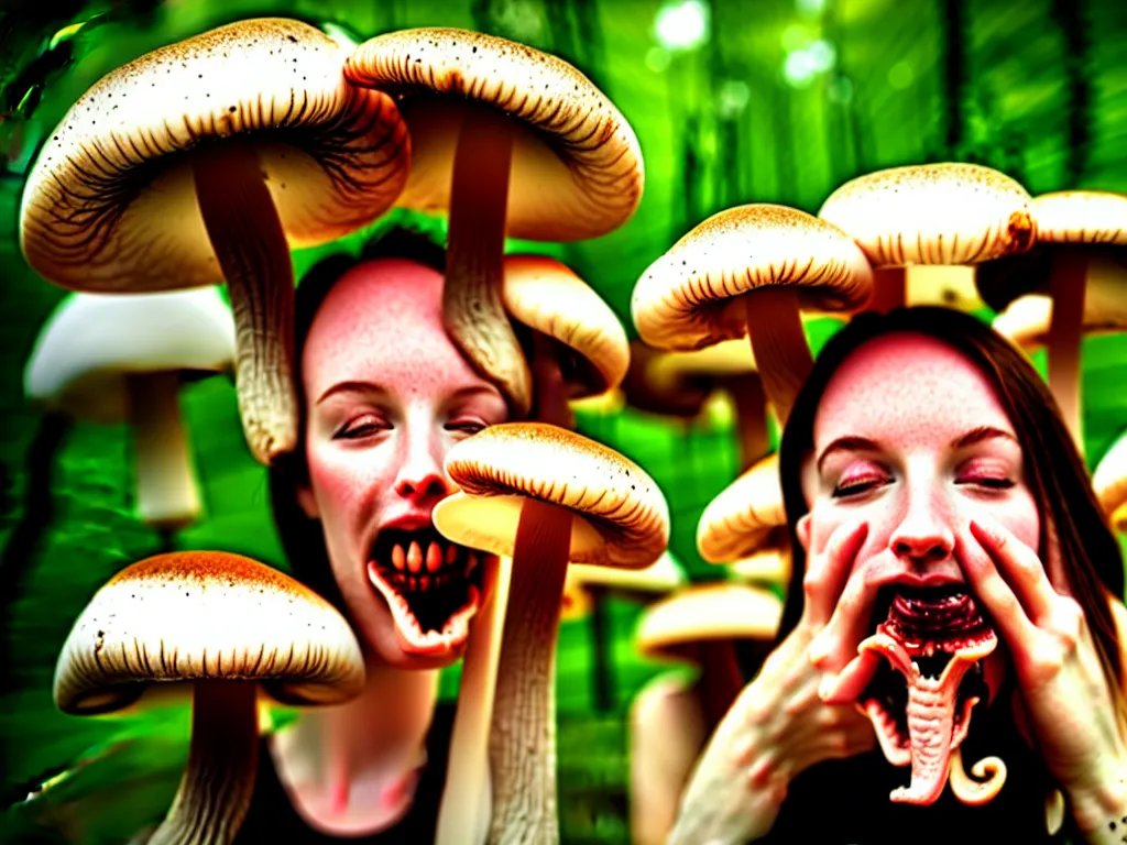 Prompt: human eating yourself with mushrooms