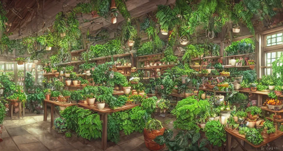 Image similar to plants shop, counter, ferns and vines, highly detailed, sharp focus, matte painting, by studio ghibli, by giovani magana,