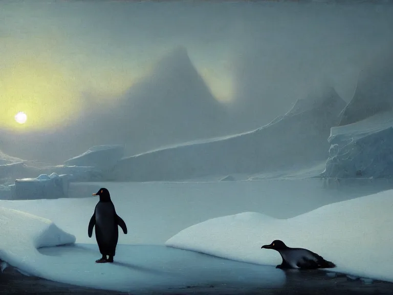 Prompt: an oil painting of a penguin next to a frozen ocean and a misty glacier at dawn. by beksinski tuomas korpi moebius and carl spitzweg. baroque elements. intricate artwork by caravaggio. oil painting. oil on canvas. award winning. dramatic. trending on artstation. 8 k