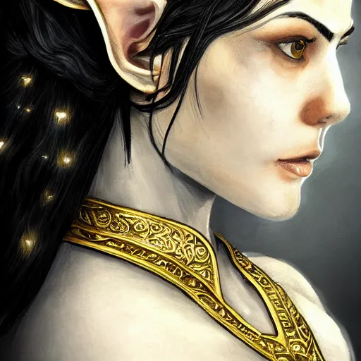Image similar to side portrait of a female elven warrior, fantasy, head tilted down, black hair, gold armour, gold jewelry, white skin, detailed face, trending on artstation, gsociety, D&D, elegant, highly detailed, sophisticated, hyperrealistic, realistic eyes, detailed illustration, smooth, sharp focus, upper body, intricate, rule of thirds, holy glow, backlit, hd 4k by Greg Rutkowski, Alphonse Mucha, Charlie Bowater, Karol Bak