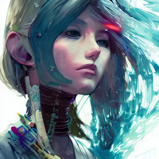 Prompt: highly detailed portrait of a young post-cyberpunk lady with wavy blonde hair, by Dustin Nguyen, Akihiko Yoshida, Greg Tocchini, Greg Rutkowski, Cliff Chiang, 4k resolution, nier:automata inspired, bravely default inspired, vibrant but dreary synthwave color scheme!!! ((Graffiti wall background))