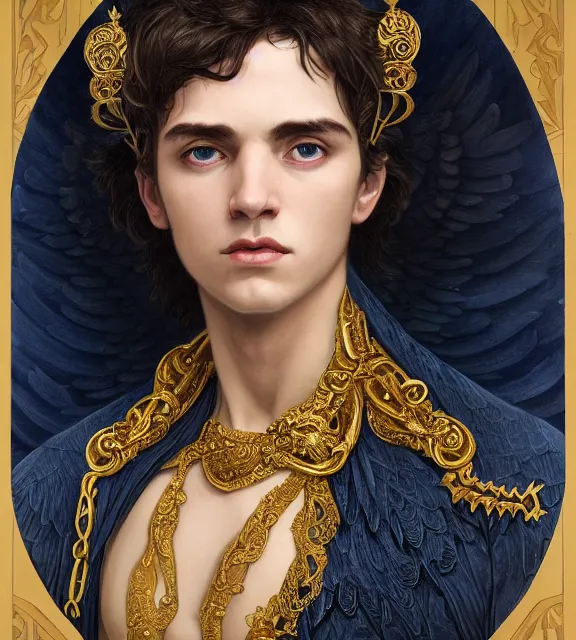 Image similar to portrait of a god of death, young male, in the underworld, elegant dark blue dress, very detailed, throne, very intricate details, jewelry, gold eyes, elaborate long black hairstyle, wings, cinematic, artstation, william bouguereau, alphonse mucha, greg rutkowski, rossdraws, octane render