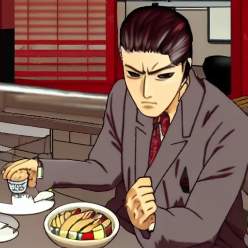 Prompt: yakuza kiryu eating a hot dog