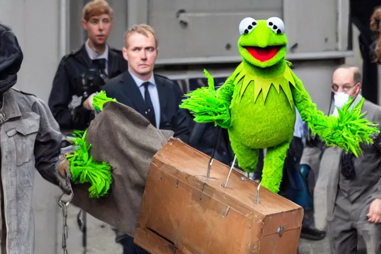 Prompt: muppet Big-Bird in shackles being escorted to the docks in a courtroom