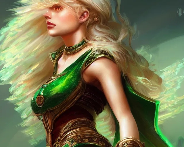 Prompt: A blonde emerald warrior, HD, illustration, epic, fantasy, intricate, elegant, amazing detail, digital painting, artstation, concept art, smooth, sharp focus, illustration, art by Tony Sart