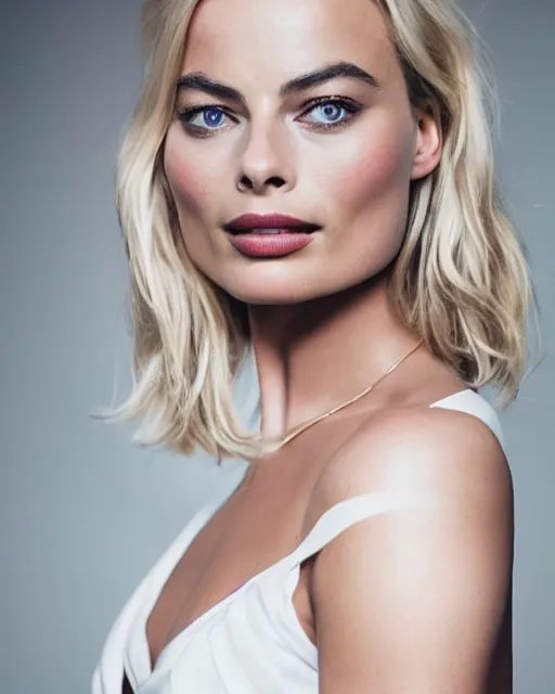 Prompt: 2 8 mm photo of gorgeous seductive margot robbie standing in a white room with short blonde hair wearing tight white dress, pale skin, cinematic lighting, sharp focus, backlit, smooth, hard focus, studio lighting, glamour pose, craig mullins, artgerm, wlop, arney freyag, octane